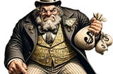 A character that looks like he’s straight out of a Thomas Nast political cartoon, with an exaggerated angry scowl and a fistful of cash!