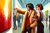 A man in unconventional dress, and a beautiful woman stare at a modern art painting in a gallery