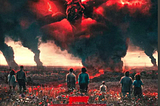Groups of young people watch from far as a huge spider creature destroys the world in Stranger Things promotion. Duffer Brothers, writers, directors, producers, Netflix, entertainment, news, Boroughs, pop culture, science fiction, writing, film, Duffer brothers go to Paramount, Hollywood, Stranger Things creators Matt and Ross Duffer, ending of Stranger Things. Streaming, what to watch, Season 5 Stranger Things