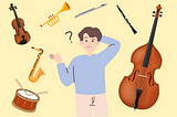 Cartoon style collage image of a confused looking person surrounded by various musical instruments.