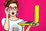 A woman shocked to see skyrocketing earnings on her yellow laptop.