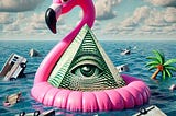 A giant pink flamingo merged with the eye and pyramid floats on a sea of wreckage.