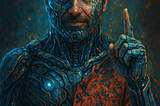 A digital painting of a man with a beard and confident expression, partially transformed into a cybernetic humanoid. The left side of his face and body features glowing blue circuitry and robotic plating, while the right side remains human, wearing a red patterned shirt. He is raising one finger, emphasizing a point. The background is a moody, textured blend of teal and orange tones.
