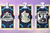 Three tarot pick a cards: pile 1 — fountain, pile 2 — lady, and pile 3 — telephone