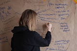 A person is drawing with marker on a wall covered in brown paper. She is drawing linked lines and words include “place, impermanence, temporality”