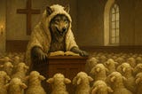 A wolf disguised in sheep’s clothing stands at a church pulpit, preaching to a congregation of sheep. A large cross hangs on the wall behind, and sunlight filters through a tall stained-glass window. The image is a symbolic representation of covert narcissism — manipulation hidden beneath kindness, authority, or spiritual leadership. A visual metaphor for predatory control masked as care or morality.