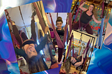 Four collage-style photos of the author, a middle aged white woman, exercising on a yoga frame.