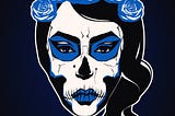 Drawing sugar skull — blue flowers — blue eyesockets — blue lips
