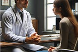 A serious-looking doctor apparently delivering bad news to a worried patient