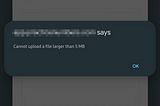 A screen grab from a web application error screen stating that the user cannot upload a file larger than 5 MB.