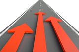 Three arrows heading toward the goal on the highway 3d rendering