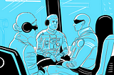 Illustration by Alonso Guzman Barone of a meeting between two men and a woman in the International Space Station.