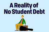 words A Reality of No Student Debt, below a man sits on 2 suitcase with a black guitar in front, he is wearing a yellow hat