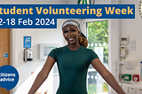 Stock image of a young volunteer standing at a desk and smiling. Text read ‘student volunteering week 12–18 Feb 2024