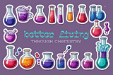 Chemistry set stickers surrounding the words “better living through chemistry”