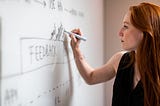 Female software engineer writes on whiteboard