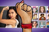 A women flexs her muscles. Next to her are images of famous feminists, including Gloria Steinem and Rosa Parks.