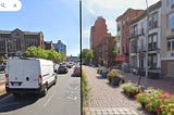 A photo of a street, as if we were standing in the middle of the street and seeing it recede in the distance. The photo is divided in half down the vertical center. On the left hand side is the regular street, showing vehicular traffic riding away us; a large white van is in front of us, and behind it are perhaps a dozen cars, all moving away from us. On the right hand side is the same street, except transformed to have no cars. The street is a walkway, filled with potted flowers