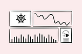 A 2D illustration with Kubernetes logo, line graph, bar graph, and a report.