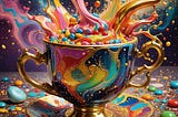 Splash colourful paint with lightning over a teacup full of glitter against a psychedelic backdrop in the golden colours of Klimt, Dali and Giger