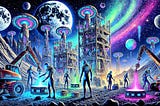 Futuristic scene depicting a moon base with towering structures, astronauts in glowing suits working on unknown machinery, and UFOs hovering overhead. The moon's rugged landscape surrounds the base, while distant planets and vibrant cosmic colors illuminate the sky