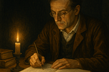 A mathematician is working in the evening with a candle by his side, with a dark background.