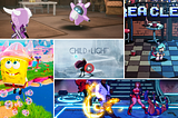 Collage of video game screenshots from Google Stadia. Displays screenshots of the games: Blue Fire, Child of Light, Streets of Rage 4, SpongeBobSquarePants Battle for Bikini Bottom: Rehydrated, Scott Pilgrim vs. The World — Complete Edition