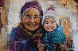 Painting of a elderly Eskimo woman holding a young child.