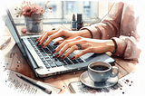 A woman typing on a computer laptop.