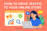 Digital marketing strategies driving traffic to an online store, featuring icons for SEO, email, paid ads, social media, influencers, and content marketing.