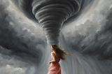 Painting of woman in field with a tornado in front of her.