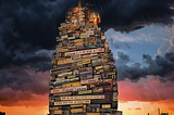 The tower of babel made of neon marketing ephemera against a stormy sky