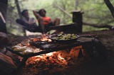 Cooking in Nature. A small fire in a fire pit is cooking fish, vegetables, and steak, on a grill above. Two people in the background are relaxing in a hammock.