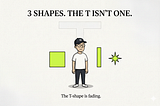 A designer standing before three bold shapes — a block, a deep bar, and a starburst — while a faded T-shape dissolves behind him. Designed by author.