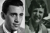Two images side-by-side. The one on the right is a black and white photograph of thirty-one-year-old J.D. Salinger and the one on the left is a black and white photograph of fourteen-year-old Jean Miller.