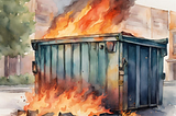 An artist’s rendition of a dumpster on fire, sitting on a street in front of a building.