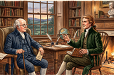 Above: Their rivalry gave birth to America’s two-party system of competition. John Adams, the first vice president and second president, and Thomas Jefferson, the first secretary of state and third president, worked together to write the Declaration of Independence that created the United States of America on July 4, 1776. They were friends and rivals but eventually were friends again. They died on America’s 50th birthday. Ilustration by the author using Gemini.