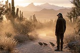 A middle-age man walking a desert trail with Quail at his feet