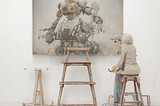 painting of human drawing robot as painted by AI art LCM dreamshaper model