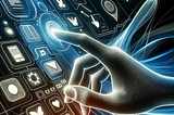 Digital hand interacting with futuristic icons; a mesh of technology, connectivity, and human-interface on a blue digital background.