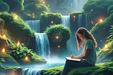 A woman sitting by a magical waterfall plans to quit five habits and writes about it in a journal