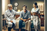Image focusing on the human aspect of inpatient detox for alcohol dependence, featuring an older doctor, a nurse, and a patient in a private hospital room. This setting highlights the compassionate and professional care environment.