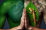 Image is of a man whose skin is half leaf, and half lizard. His hands are pressed together, fingertips up as if praying.