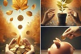A series of images on the need to save small amounts of money and let them grow. If you have a mindset of being wealthy, you will conserve your money and use it wisely. If you feel you are supposed to be poor, you always will be.