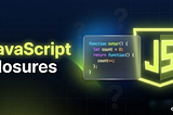 JavaScript Closures interview guide with visual code example and JavaScript logo explaining closure concepts for advanced JS developers