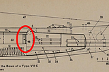 A cross-section through the front half of a submarine of the type in question, with a small toilet, roughly in the middle of the image, ringed in red