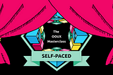 The OOUX Masterclass Self-Paced badge behind closing pink curtains on top of a black background.