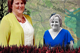Featured episode image for Elaine O’Hara episode of Propensity: A True Crime Anthology Podcast. Digital collage of images of Elaine O’Hara, laid over semi-transparent map of Dublin/Wicklow area, and images from Killakee, where Elaine’s remains were found.