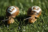 Two snails are crawling on green grass, each with a number painted in white on its shell — one labeled “2” and the other “1” — as if participating in a humorous snail race.