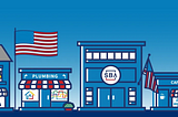 A row of small businesses with USA flags